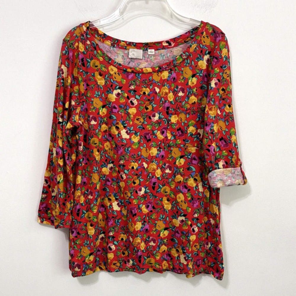 Anthropologie Postmark Banter Tee Top XL‎ Red Floral Roll Tab Sleeve Pocket